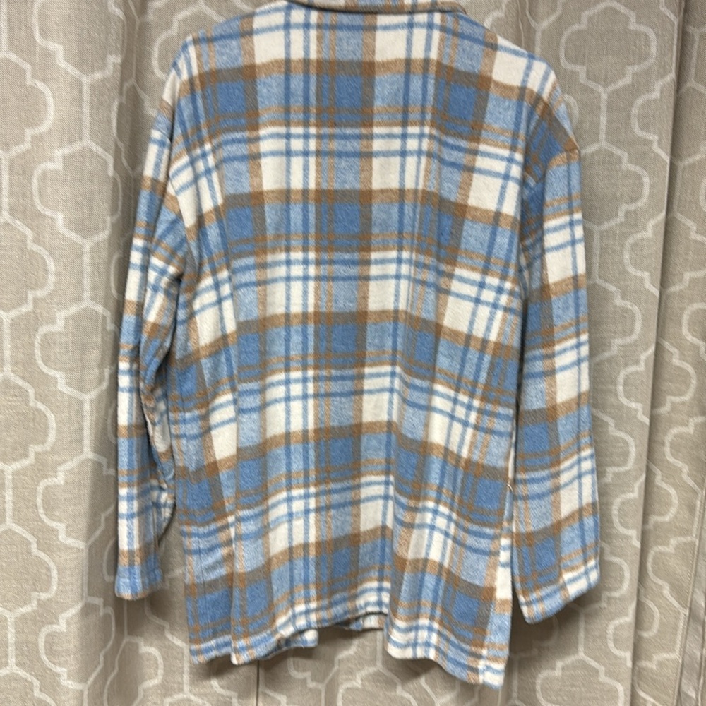 Light Blue and tan Brown Plaid Casual Shacket button down shirt size large - Picture 4 of 6